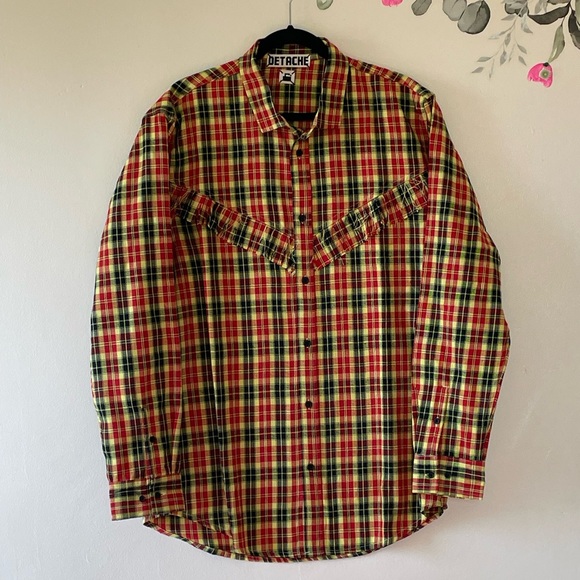 Detache Labs Yellow Plaid Button Down Shirt, Western Style Detail, Men's XL - Picture 6 of 11